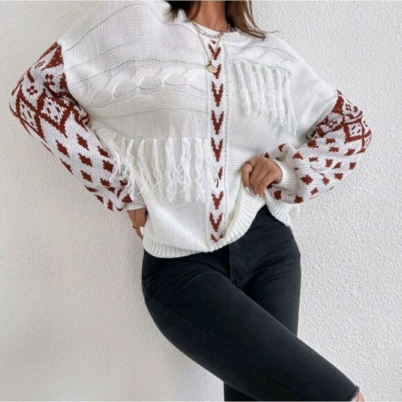 Geo Pattern Tassel Detail Drop Shoulder Sweater - Picture 7 of 8